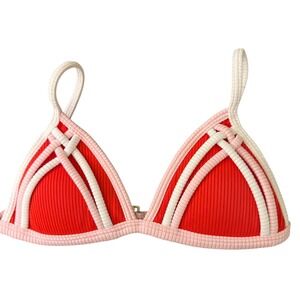 ONEONE Red Ribbed Triangle Bikini‎ Top Padded Braided Straps Size S